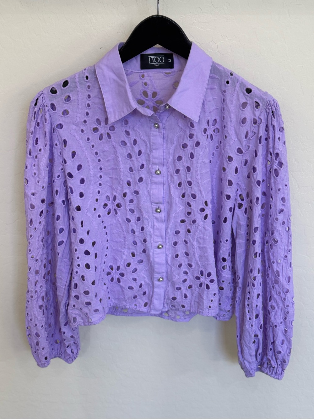 ITOO ITALY Lavender Eyelet Lace Blouse Top Crop Balloon Sleeve Purple Cutout MED